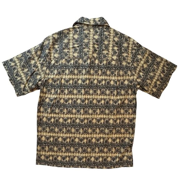 GEOFFREY BEANE Tribal Leaf Button Up Hawaiian Shirt Men Small Taupe Multi Casual - Picture 2 of 13